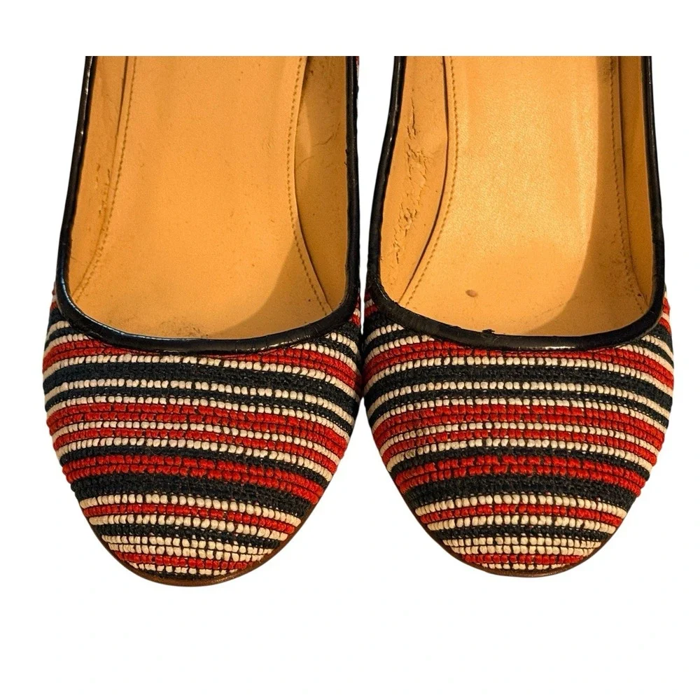 J.Crew Pumps 10 Knit Fabric Block Heel Red White Blue B9588‎ Italy Shoes Summer